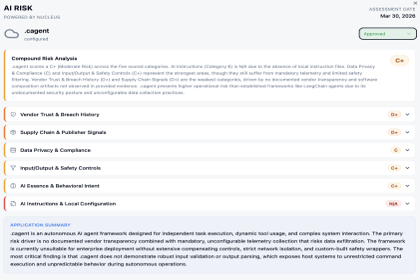 Compound AI risk analysis card for an AI agent, graded C+ with category breakdown